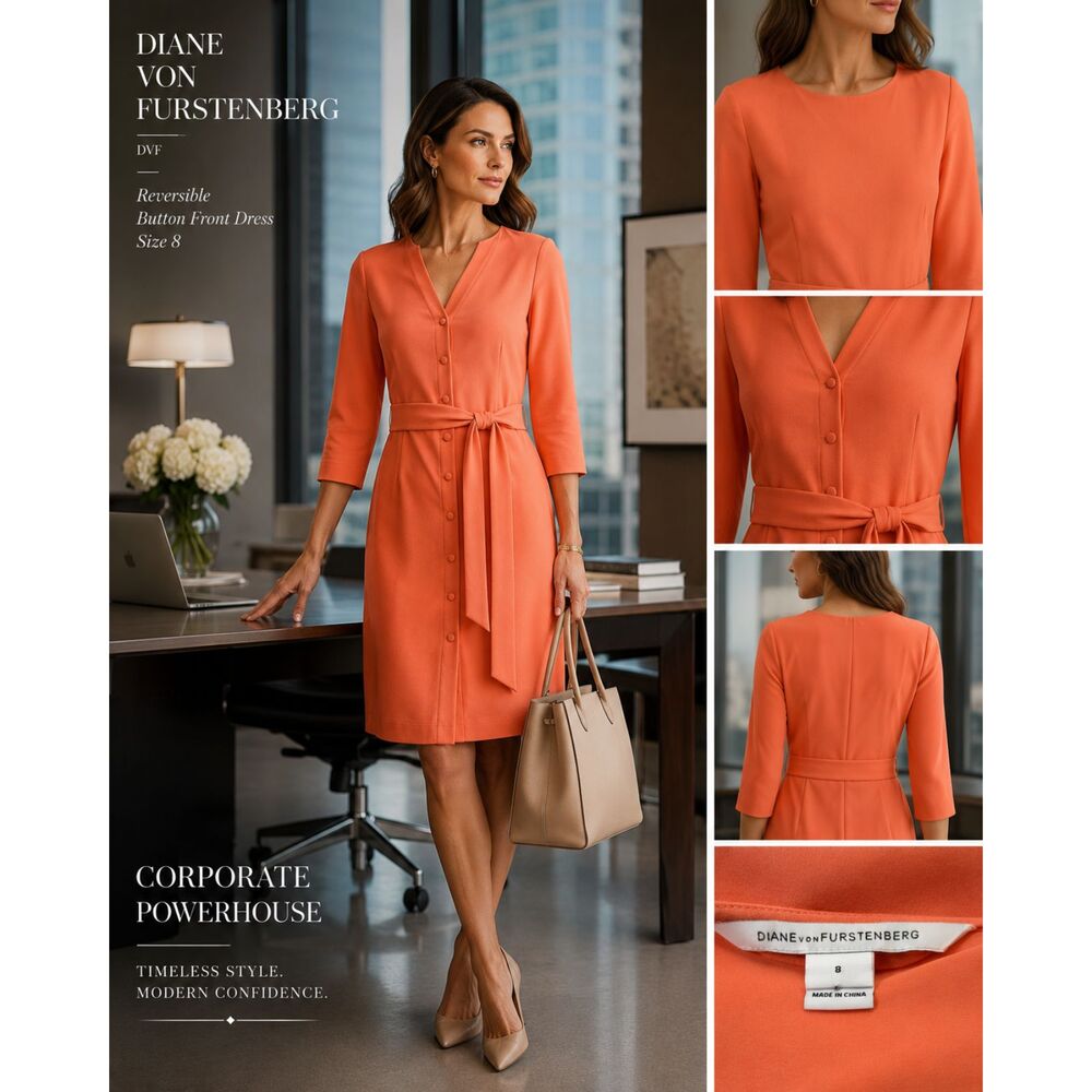 Diane von Furstenberg DVF Dress 8 Coral Orange Reversible Button Front Belted